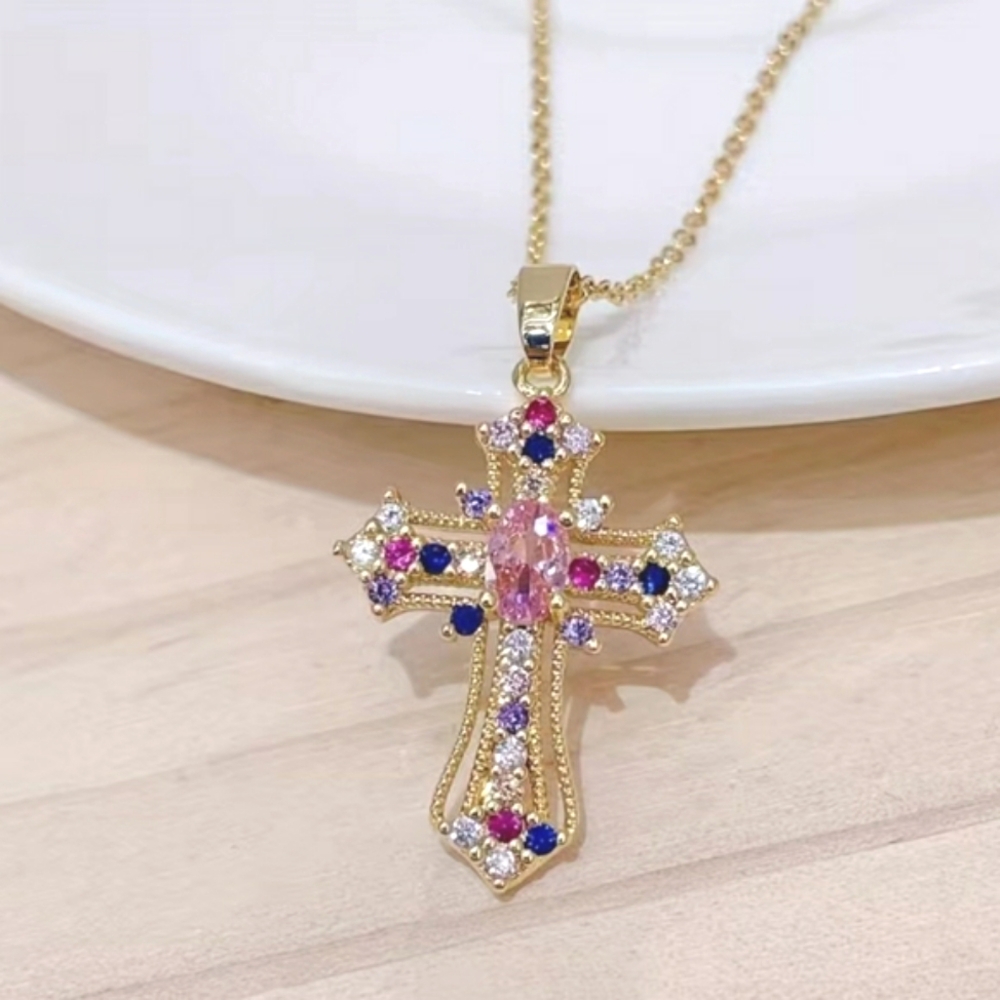 Rhinestone Cross Gold Necklace